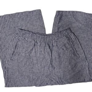 Laurie Felt Linen Pants Womens L Striped Wide Leg Crop Elastic High Waist Blue